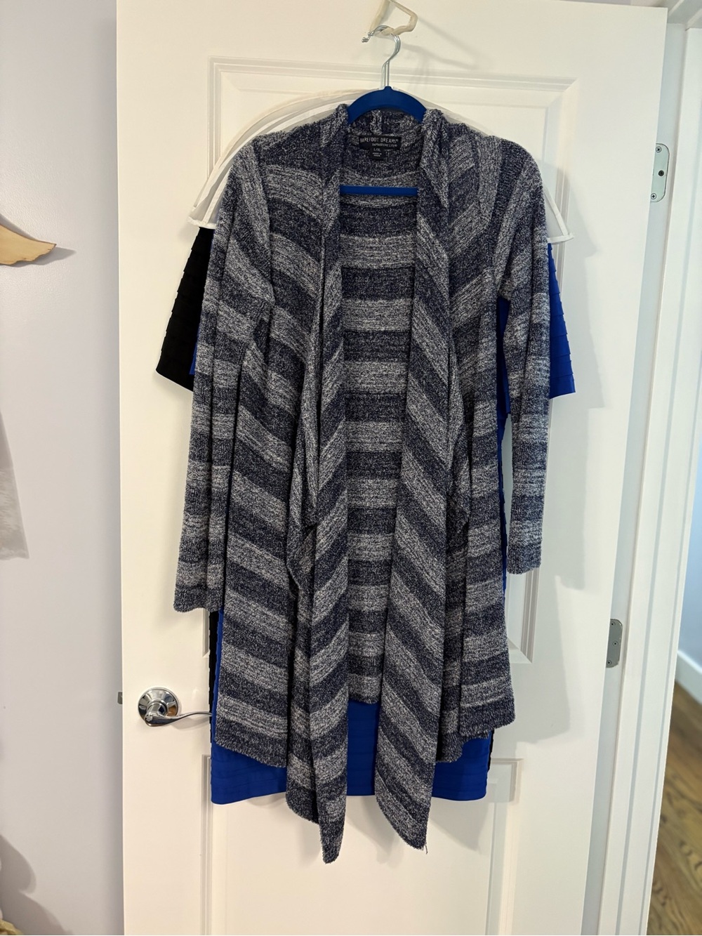 Barefoot Dreams Gray and Charcoal Striped Open-Front Cardigan